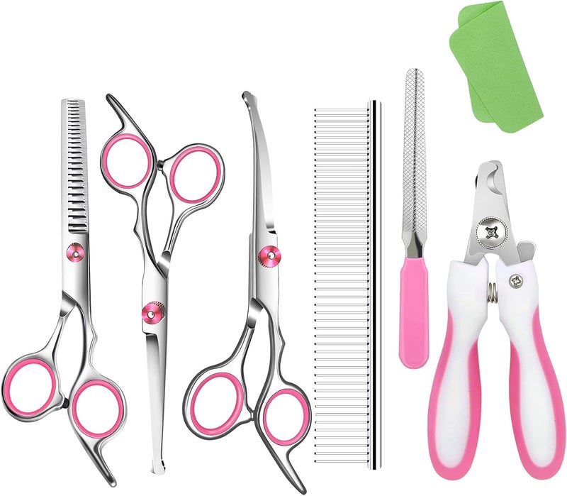 wikdey Dog Grooming Scissors with Safety Round Tip Pet Grooming scissors Kit Dog Shears kit Incudes Thinning Curved Straight Grooming Scissors Nail Clippers Nail File and Comb for dogs cats - Image 1